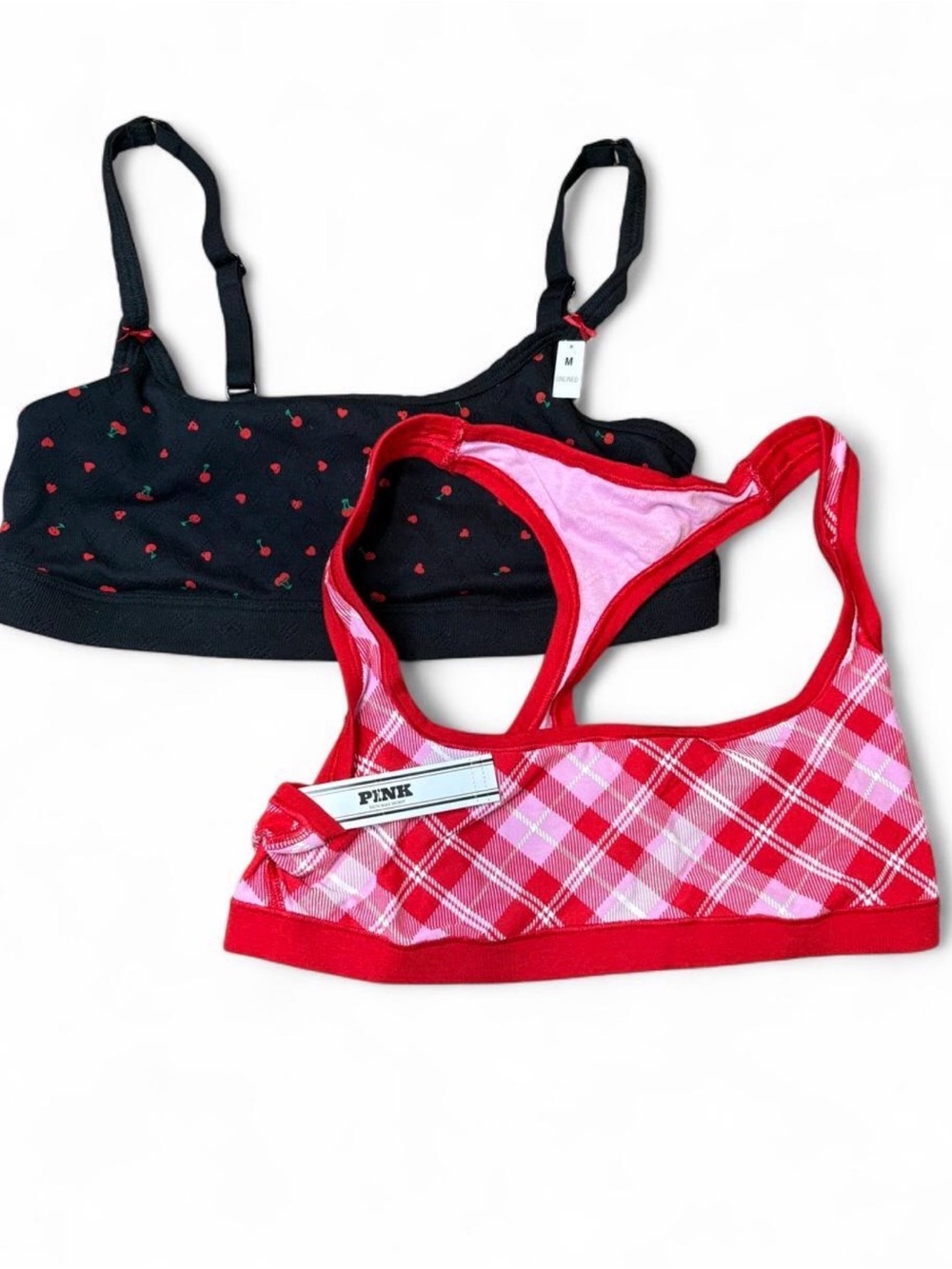PINK Victoria's Secret Red Plaid & Black cherry Sports Bra Set